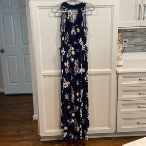 New York & Company Navy Floral Sleeveless Belted Stretch Maxi Dress Size XS